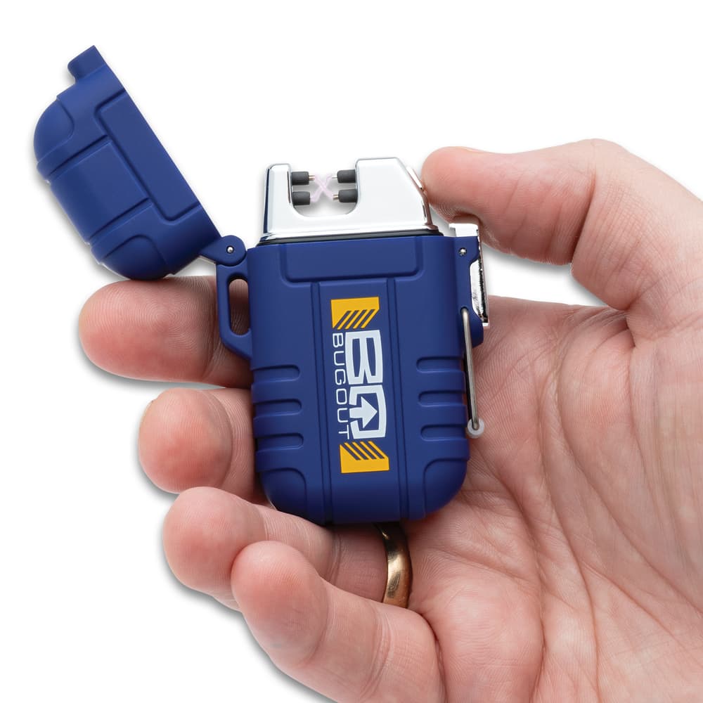 Full image of blue Arc Lighter held in hand. image number 2